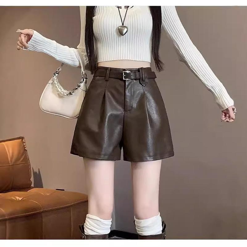 Quần Đùi Cạp Cao Chất Liệu Da PU, Chữ A, Thường Ngày, Dáng Ôm, Màu Đen, Dáng Rộng 2