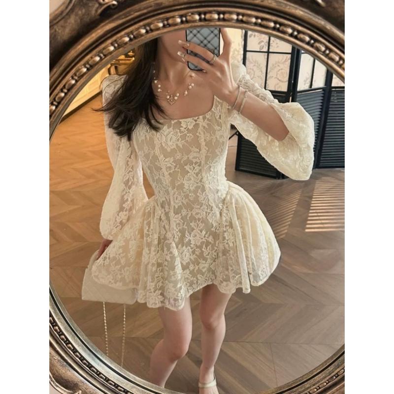   40-80kg  Đầm Váy Ren Cổ Vuông Tay Dài Nhún Hông Tùng Xòe Mặc Đi Chơi Đi Tiệc  Có BigSize  UnihomeClothing CQ376 