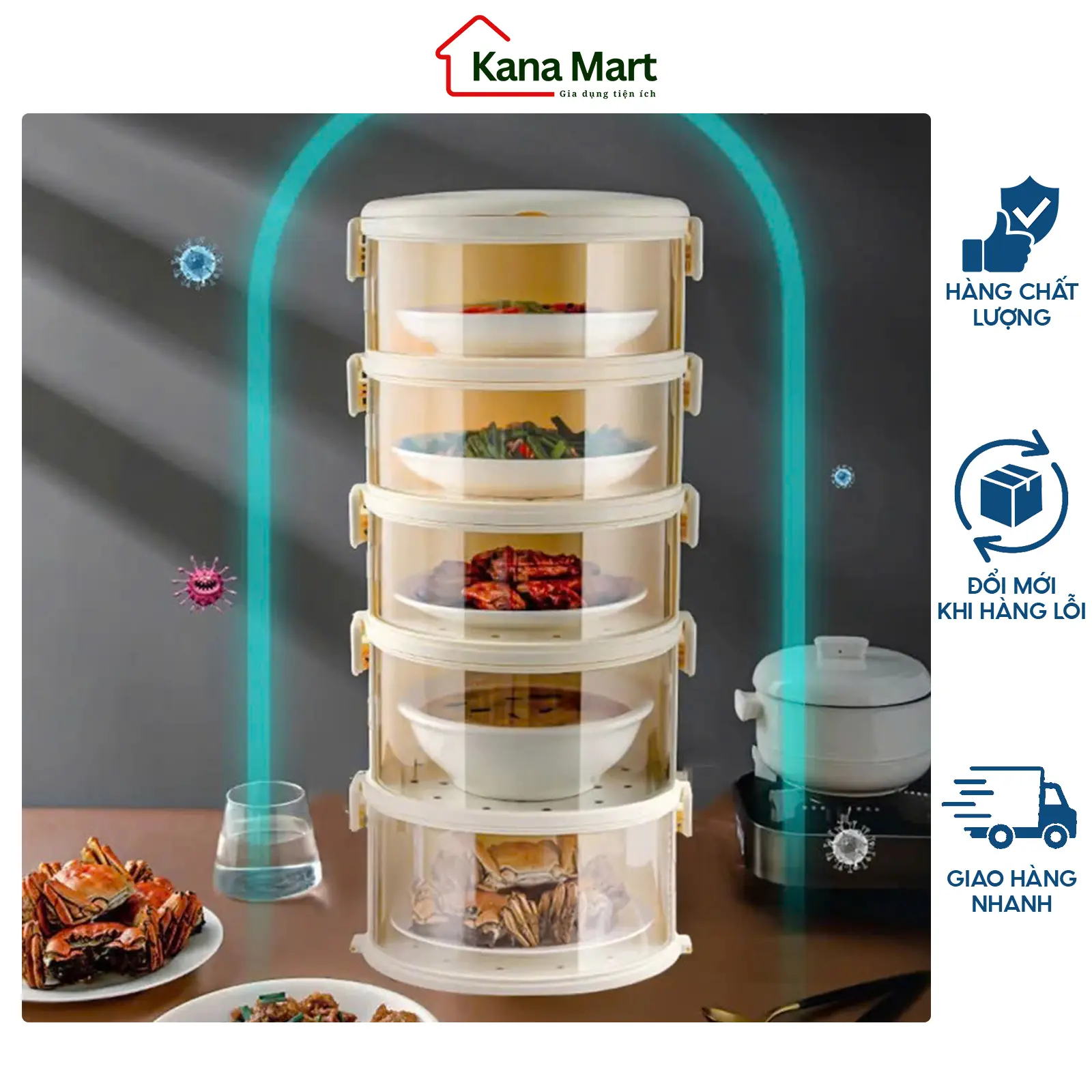 Lồng bàn đậy đồ ăn 5 tầng có quai cầm giữ nhiệt, chống bụi, chống côn trùng