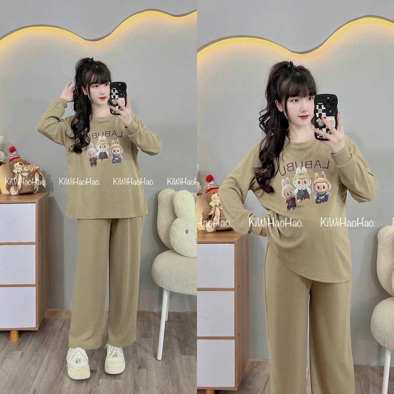 Mẹ Dứa Bộ đồ bầu và sau sinh Thu Đông hình Labubu chất tăm hàn có vạt vén ti và chun chỉnh Free size 40-70kg dành cho mẹ bầu