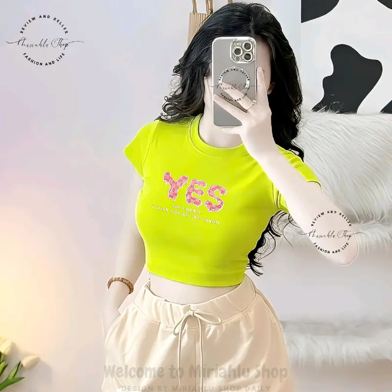 Áo Croptop Borip Ôm Body Nữ Form Basic Cổ Tròn Tay Ngắn In Chữ Yes, Women Thun Sen Sò Hoa Sen Trắng Kem Tre Tim Lịch Dáng Ngắn 3