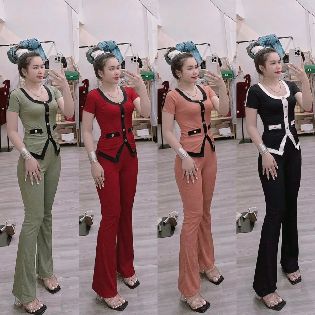 ĐỒ BỘ NỮ ÁO CỔ U PHỐI VIỀN NÚT TÀ XẺ TRƯỚC QUẦN ỐNG LOE  có túi gân tâm lạnh dưới 65kg đỗ lại vừa women TOP