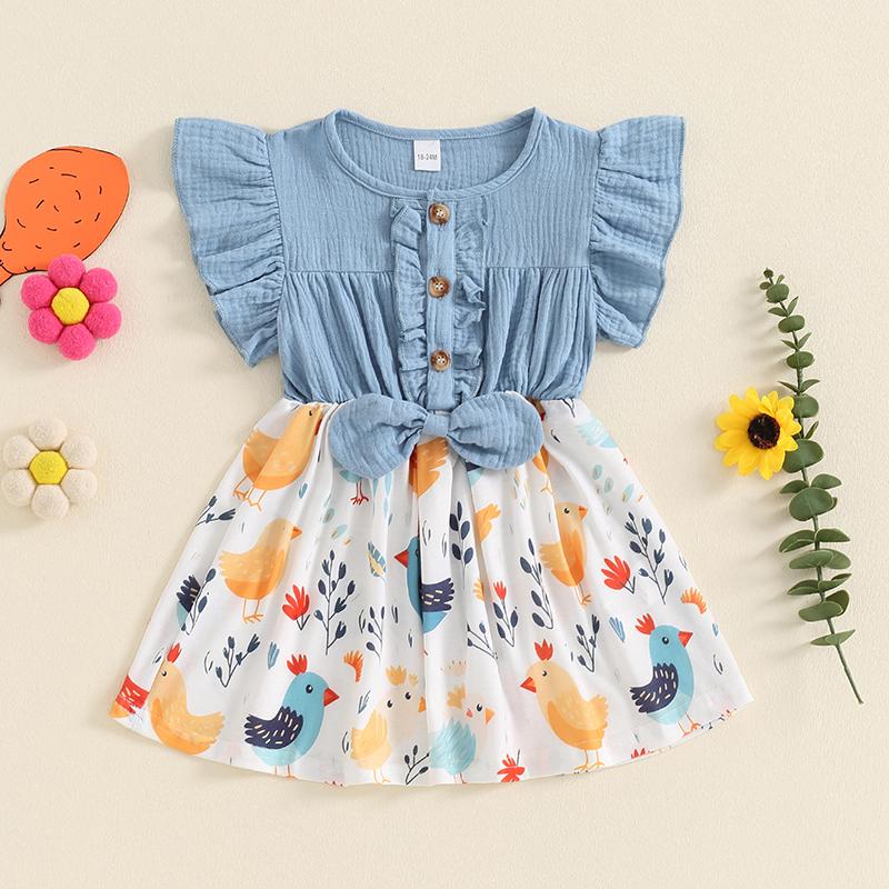 Product Introduction of Girls A-line Dress, Fly Sleeve Crew Neck Bow Chicken Print Casual Dress Summer Dress 49