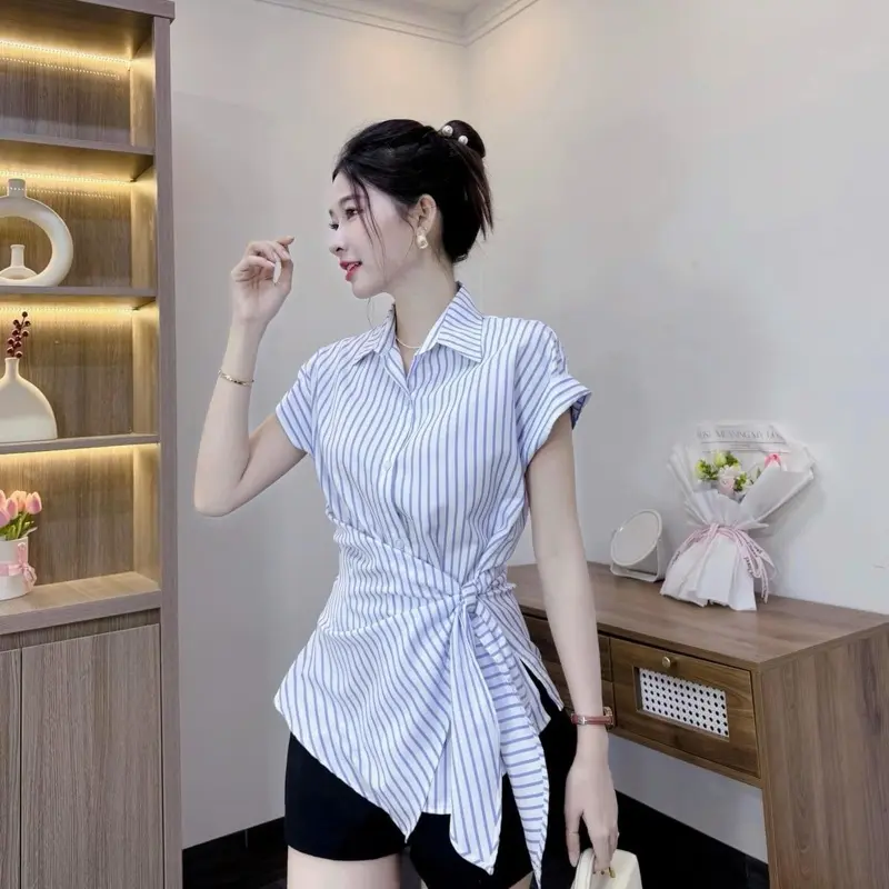 DEAL MỞ BÁN- ÁO SƠ MI NÚT GÀI THẮT NƠ 1 BÊN Women Nữ Kem Top  khỏe mạnh kieu che bụng