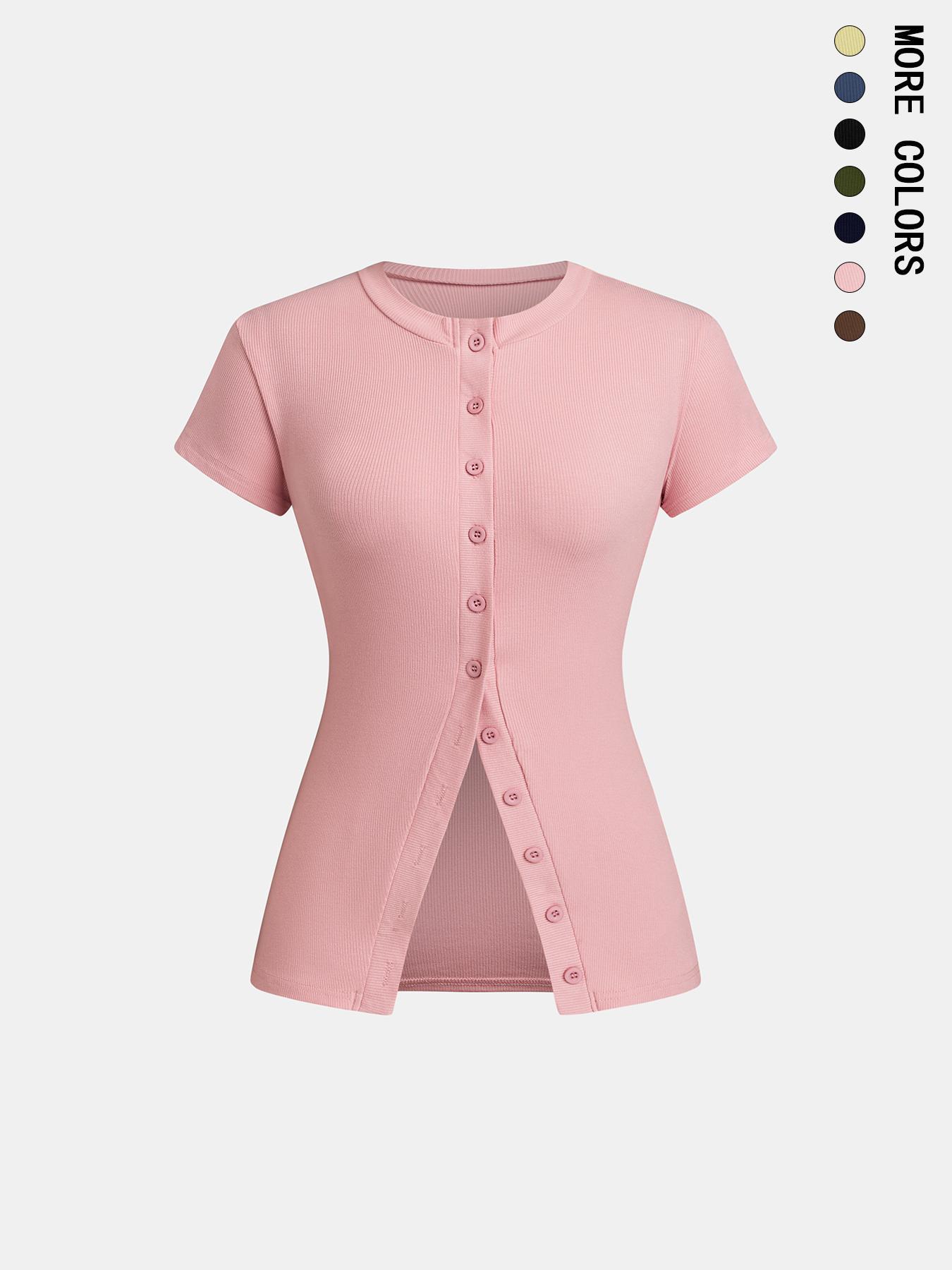 Women's Solid Color Button Tee, Casual Short Sleeve Round Neck T-shirt for Daily Wear, Ladies Clothes for All Seasons Women's Solid Color Button Tee, Casual Short Sleeve Round Neck T-shirt for Daily Wear, Ladies Clothes for All Seasons