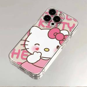 Fundas para Teléfono con Patrón de Hello Kitty de Sanrio y Cara Lateral para iPhone 16, 16 Pro Max, 13, 14, 15, 15 Pro, 15 Pro Max, 16 Pro , XS MAX, XR, 12 Mini, Serie 13 Mini - Carcasa Suave Transparente Anticaída de Cobertura Completa