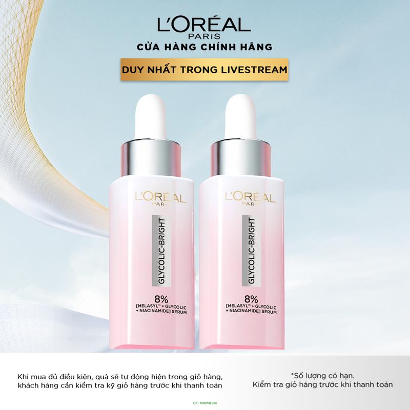 Bộ đôi Serum hỗ trợ sáng da L'Oreal Paris Glycolic - Bright Instant Glowing Serum Glycolic melasyl 8% 30mlx2 Làm Đẹp Da
