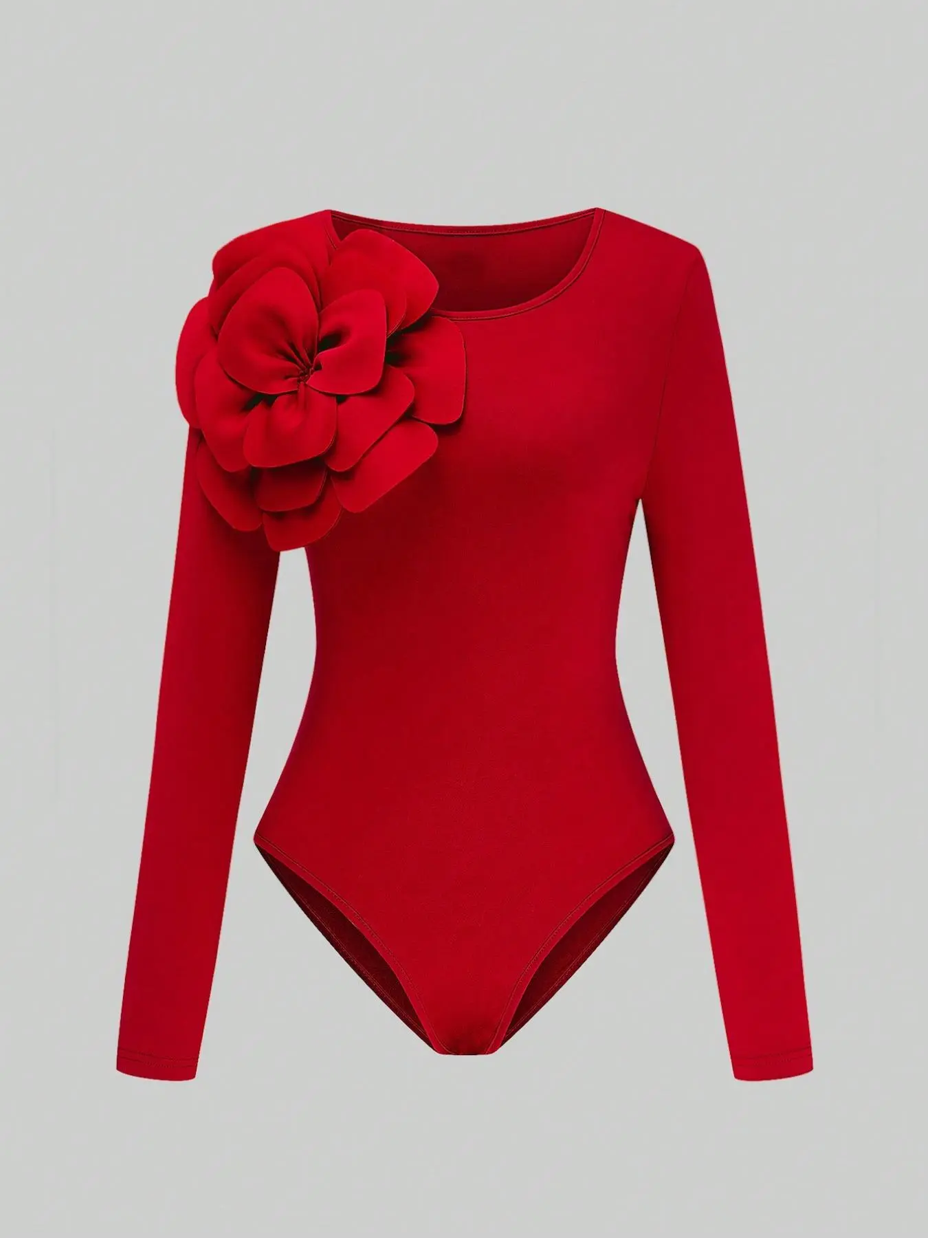 Women's Plain Floral Decor One-piece Bodysuit, Sexy Long Sleeve Ribbed Bodysuit for Party Club Dating Wear, Women's Clothes for Summer
