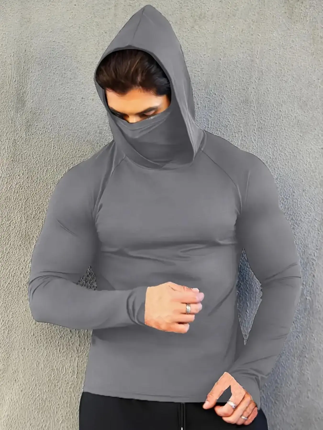 Men's Solid Long Sleeve Hooded Sports Tee, Hoodie with Face Mask, Quick Drying Breathable Comfortable Sports Top, Gymclothes, Men's Dry Fit Sportswear Clothing for Outdoor Activities