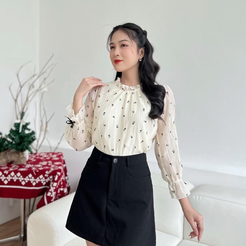 Áo sơ mi chiffon in hoa nhí đính nơ tay dễ thương chất voan tơ cao cấp