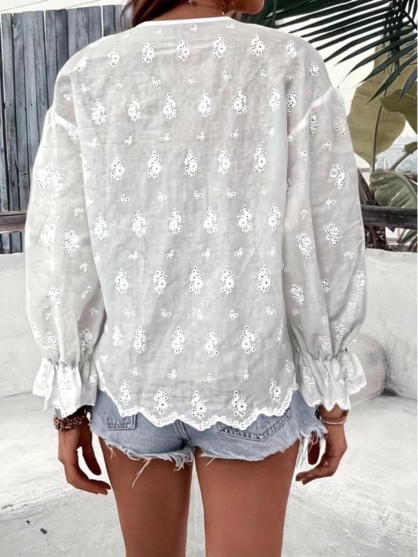 Women's Eyelet Embroidery Shirt, Casual Long Sleeve Top for Summer, Women's Clothing for Daily Wear, Blouse 1