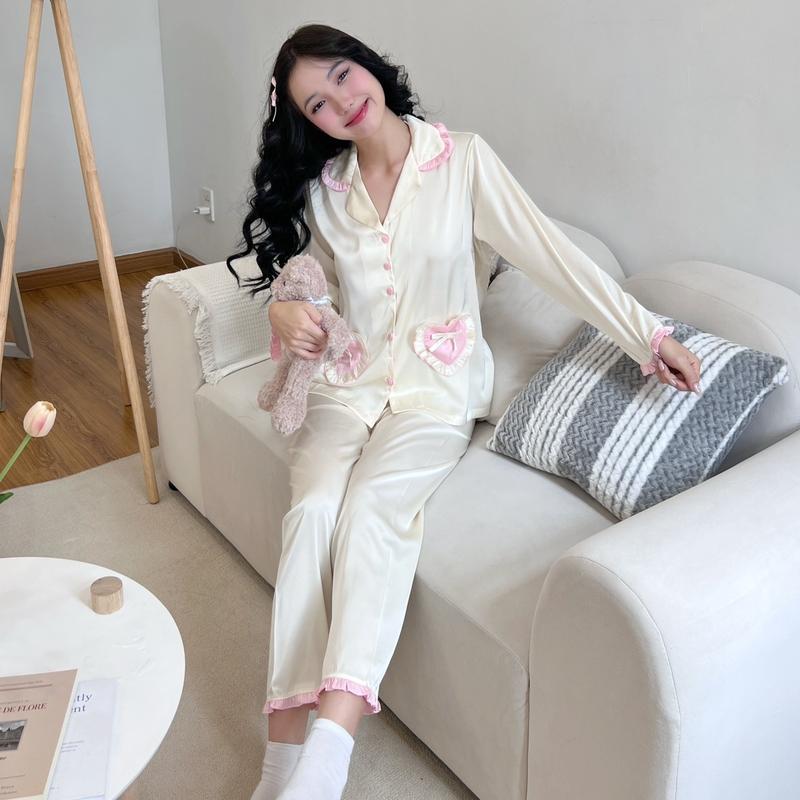 Maisleepwear Bộ Pijama Áo Tay Dài Quần Dài Phối Bèo Túi Tim Lụa Mặc Nhà MS1212