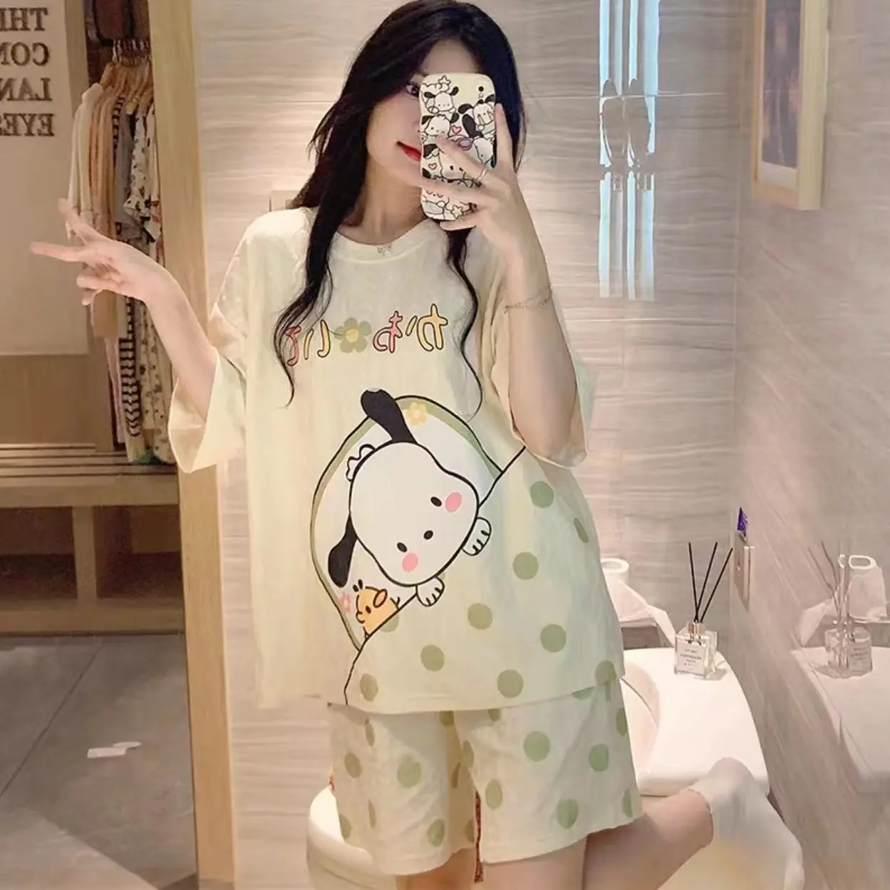 Bộ Đồ Ngủ Mùa Hè Cho Nữ, Thiết Kế Hoạt Hình Pochacco, Dễ Thương Và Hợp Xu hướng, Thích Hợp Cho Học Sinh, Phong Cách Hàn Quốc, Áo ngắn Tay Và Quần, Ngoại Cỡ, Đồ Mặc Ở Nhà Bộ Hai Mảnh