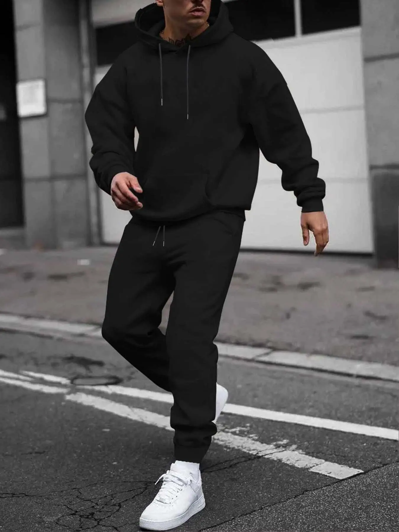 Men's Solid Drop Shoulder Pocket Hoodie & Drawstring Waist Sweatpants Set, Casual Top & Jogger Pants for Daily Workout, Men Two-piece Outfits for Fall & Winter, Co-ords Set
