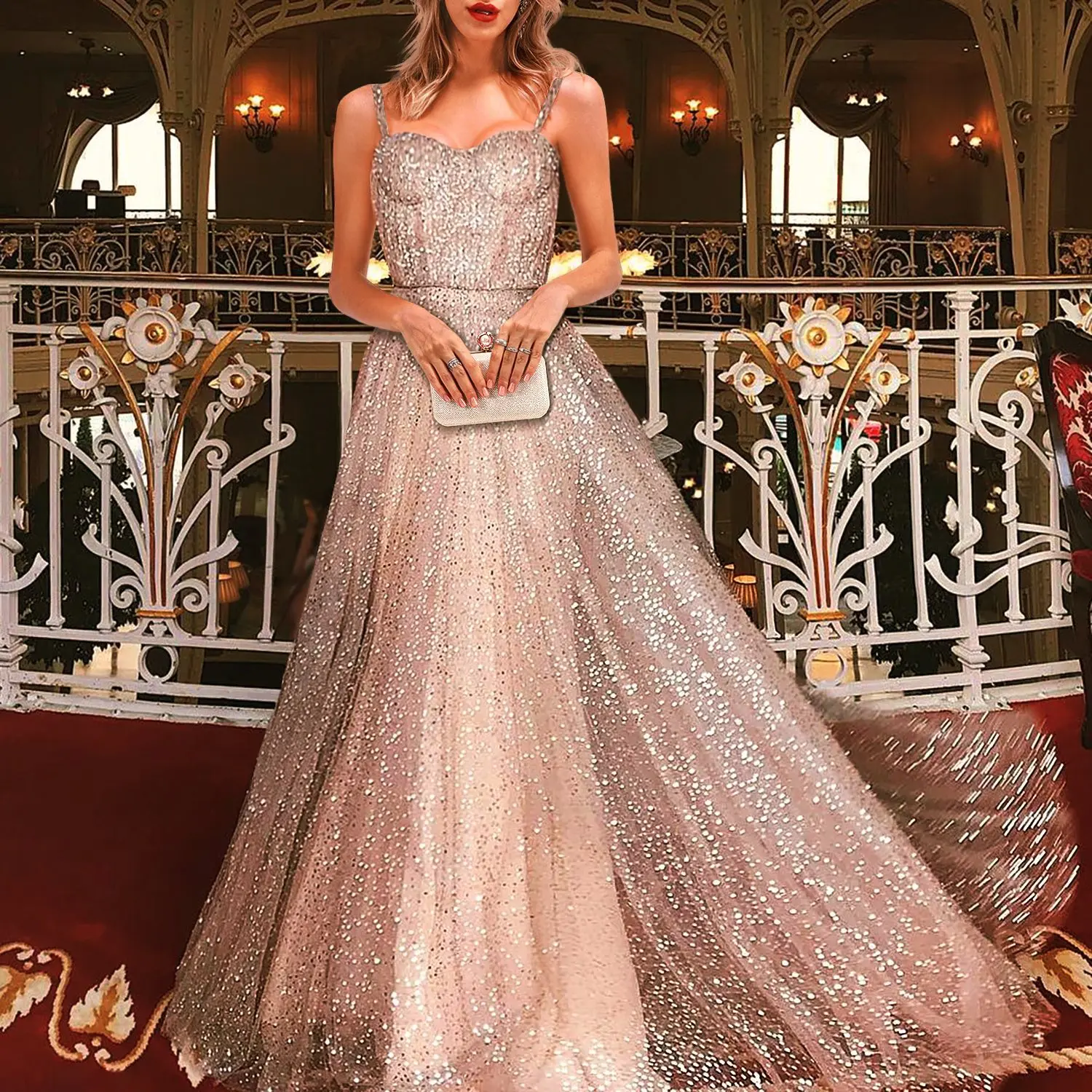Elegant Off-Shoulder Sequin Evening Dress - Sexy Spaghetti Strap Long Gown with High Slit for Weddings and Parties