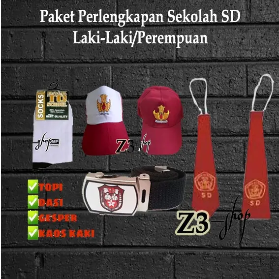 paket perlengkapan seragam sekolah sd laki/perempuan lengkap topi - dasi- gesper - kaos kaki 0