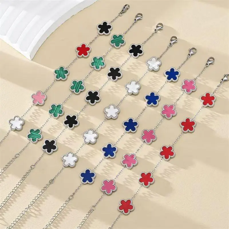 New stainless titanium steel double-sided five leaf flower bracelet women's set does not fade lucky clover jewelry