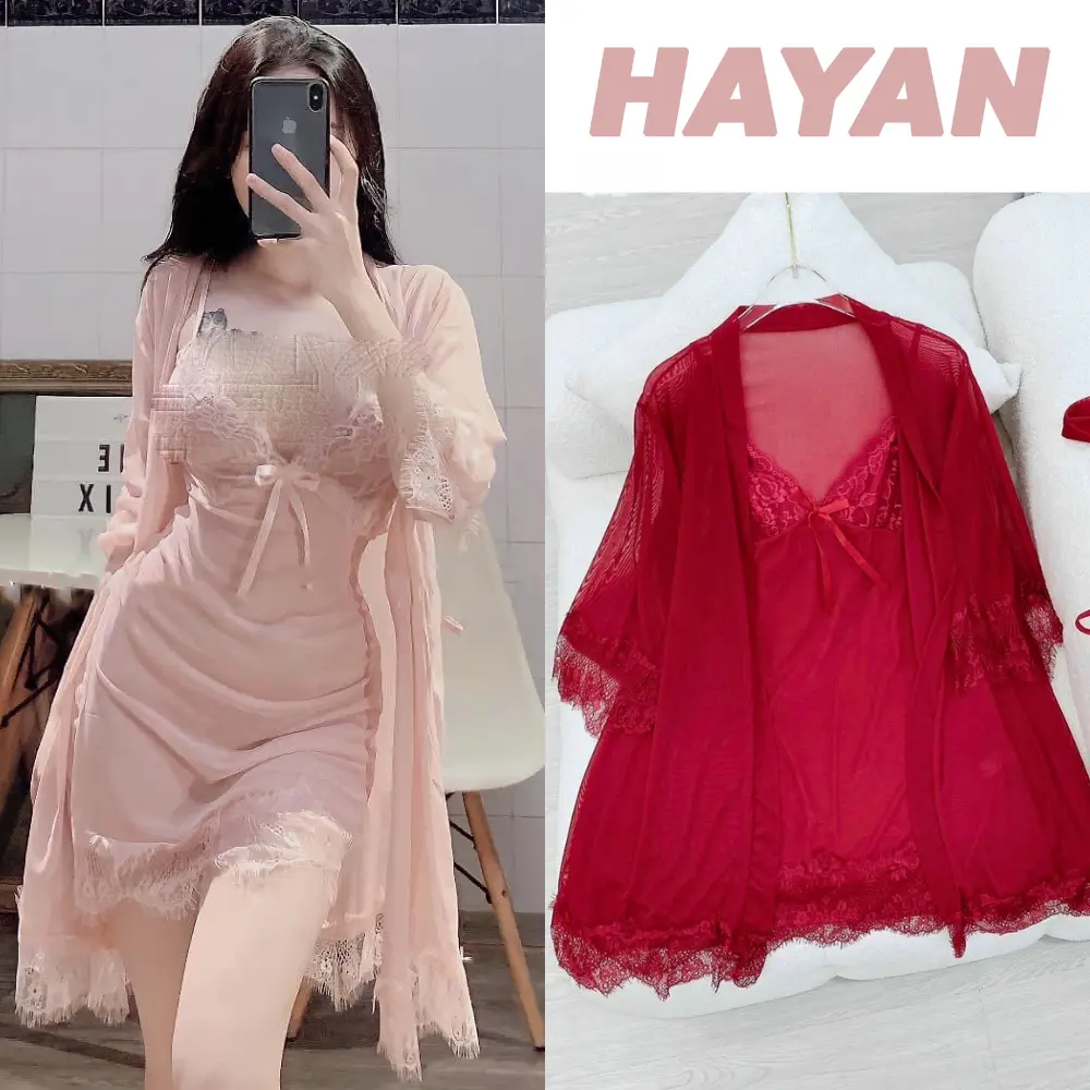 HT800 Set váy ngủ và áo choàng sexy ren mềm mại xuyên thấu, set đồ ngủ ren tay lỡ gợi cảm HT800