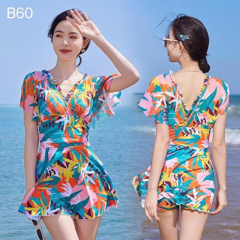 Đồ bơi nữ  LIỀN thân cổ V váy xòe che khuyết điểm bụng bắp tay kín đáo MS963 (SIZE M-L-XL) Women Nhung Kem Dress Voi