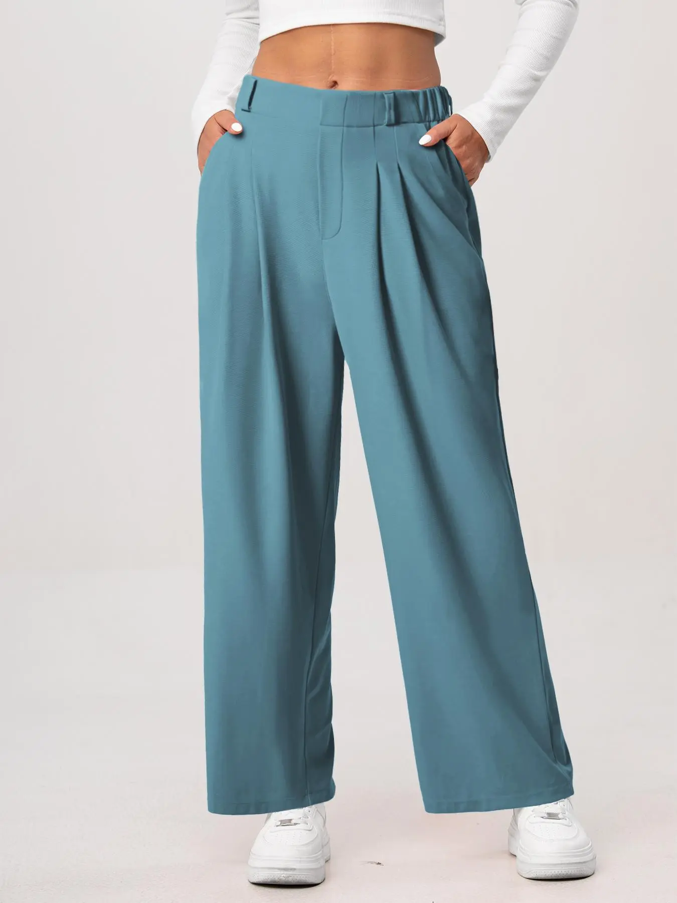 Women's Plain Ruched Pocket Elastic Waist Wide Leg Pants, Chic Casual Elegant Comfy Trousers for Daily Wear, Fashion Ladies Bottoms for All Seasons