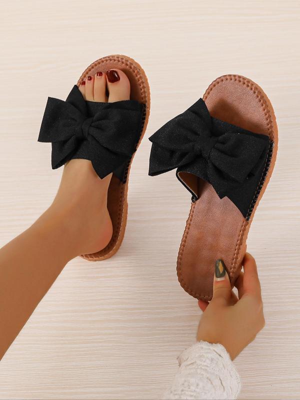 Women's Cute Bowknot Design Slip-on Sandals, Flat Shoes Sandals, Leather Sandals, Soft Non-slip Brown Slide Sandals for Summer 2025, Fashion Round Toe Flat Sandals for Daily Wear, Comfort Shoe, Ladies Sandal 7