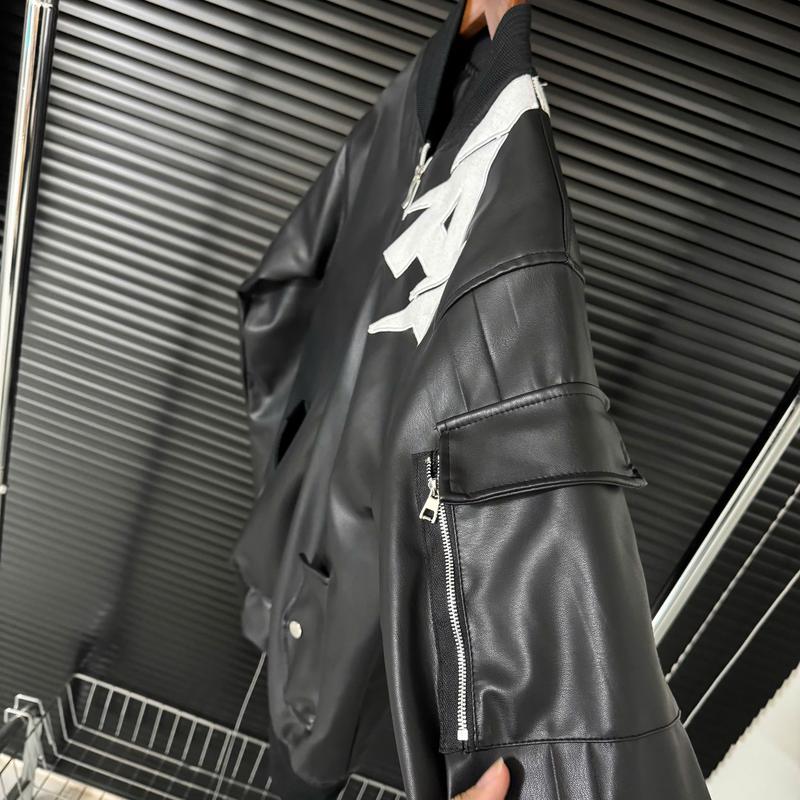 Áo Khoác Da Thêu Chữ A , Phối Túi Khoá Cho Nam Nữ Menswear Jacket 2