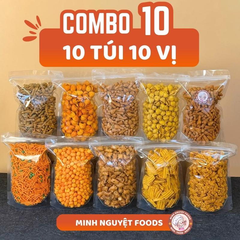 COMBO 10 TÚI 10 VỊ 3kg: Bim Mái Tôn, Cua Mỡ Hành, Bim Mỳ Tôm, Đùi Gà Bơ Sữa, Đùi Gà Rong Biển, Đùi Gà Phô Mai, Tăm Que Đậu, Nui Chiên, Ốc Chiên, Ốc Vừng - ĐỒ ĂN VẶT Minh Nguyệt Foods Snack Thức Ăn