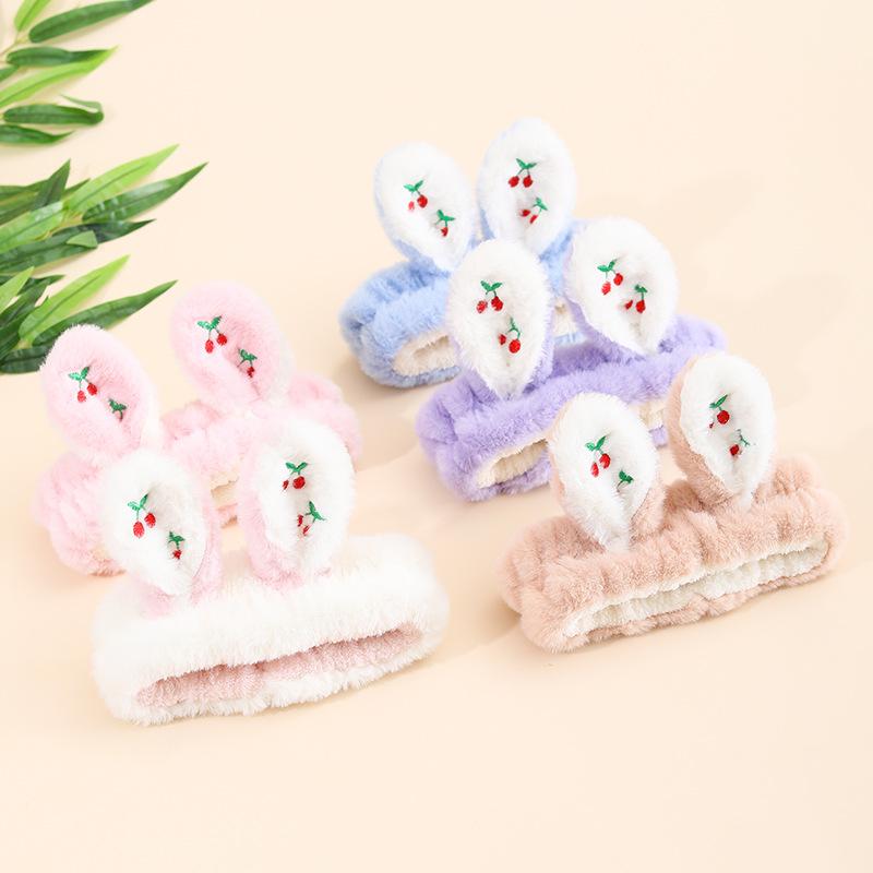 Product Introduction of Autumn and Winter New Rabbit Plush Embroidery Cherry Color Matching Hair Band Coral Velvet Cute Cartoon Face Wash Makeup Application 1