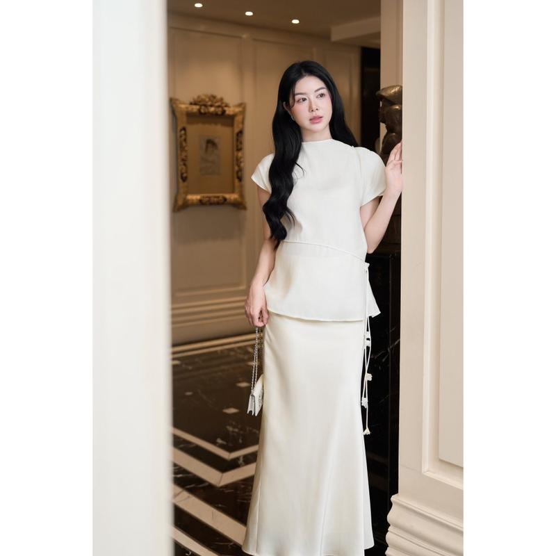 BST Tiệc Set Bộ Bầu Tơ Mịn Hàn Dáng Suông A Kèm Dây Hoa Calla Đính Tay Thủ Công - JTAB036