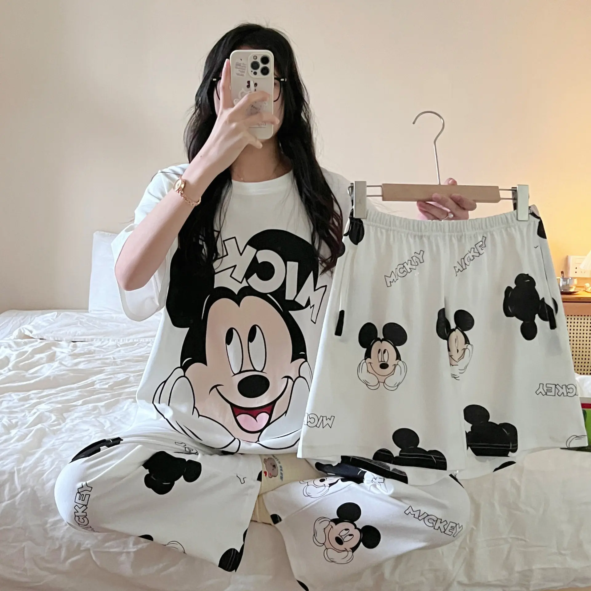 WECOVE Student Cartoon Printing Spring/Summer Autumn Pajamas Female Loose Girl Cute Home Clothes Short Sleeve Shorts Long Pants 3-Piece Set Nightwear Lingerie Pjs Trouser