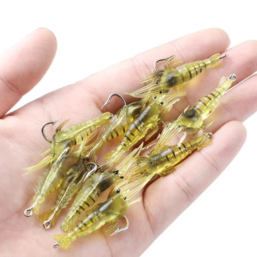 Soft Plastic Shrimp Lures, 10pcs Shrimp Fishing Lure with Hook, Artificial Soft Shrimp Bait for Freshwater Saltwater, Flyfishing, Solocamping, Picnicaesthetic