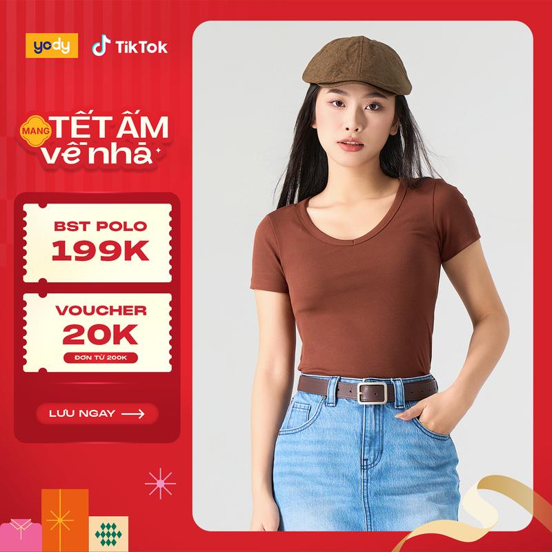 YODY Áo Phông Nữ Thun Rib Cổ Tim TSN7084