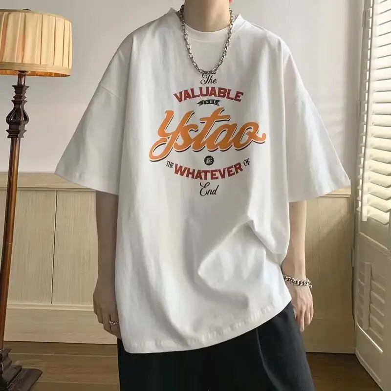 2024 American Letter T-Shirt Men's Summer Solid Color Youth Fashion Brand Half Sleeve Loose High Street Ins Fashion All-Match Short Sleeve Menswear Top