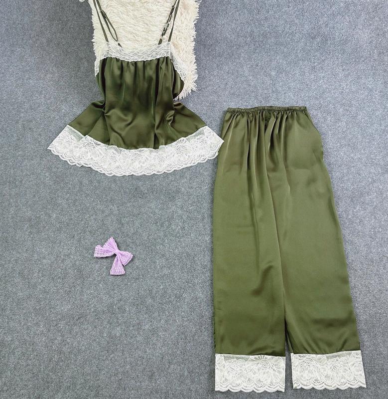 (65Kg - 90Kg) Bộ Đồ Ngủ Bigsize Nữ Quần Có Túi Vải Lụa Satin Trơn Áo 2 Dây Không Mút Phối Ren Mềm Ống Suông Dài Phong Cách Bánh Bèo