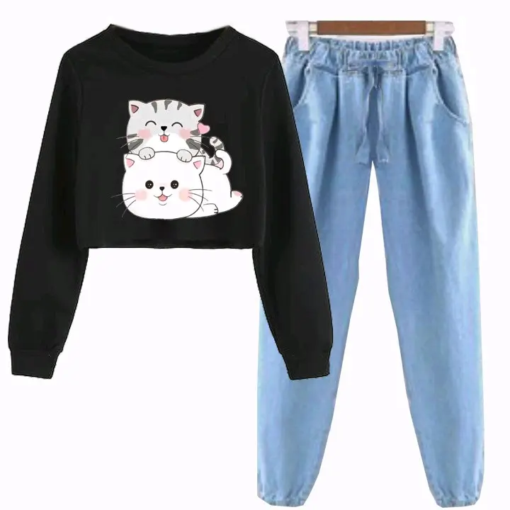 SETELAN ANAK PEREMPUAN REMAJA LOVE CAT CELANA DENIM Lengan panjang Fashion