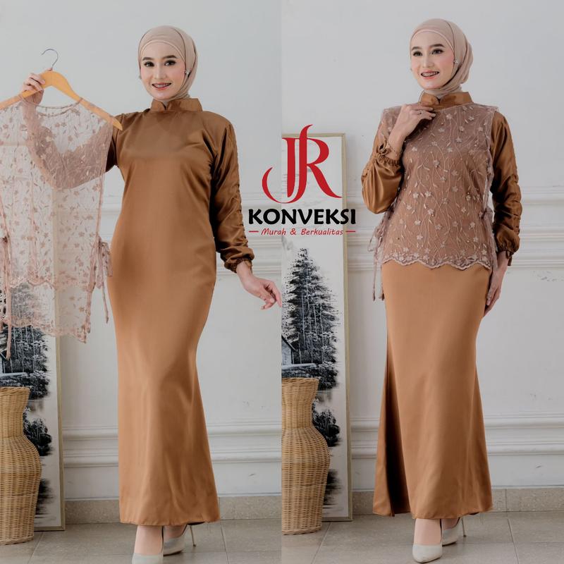 Dress Kondangan Satin Kombinasi Brokat Tile Bisa Dilepas Pasang Dress Pesta Two In One Outer Mocca XL (Ld 120 Cm)