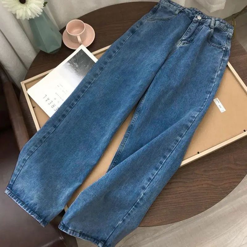 High waist jeans, straight cut, for female students, new Korean style 2022, loose, retro, wide leg, BF style, elegant, mop pants, fashion