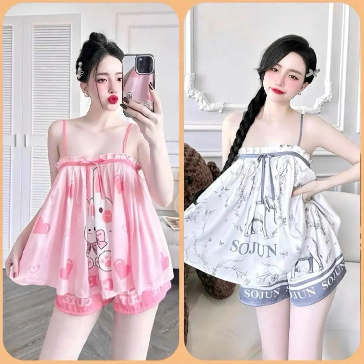 Từ 40-62 Ký; Bộ Ngủ 2 Dây Áo Xếp Ly Buộc Nơ Quần Đùi Chất Lụa Tơ Tằm In 5D Cao Cấp