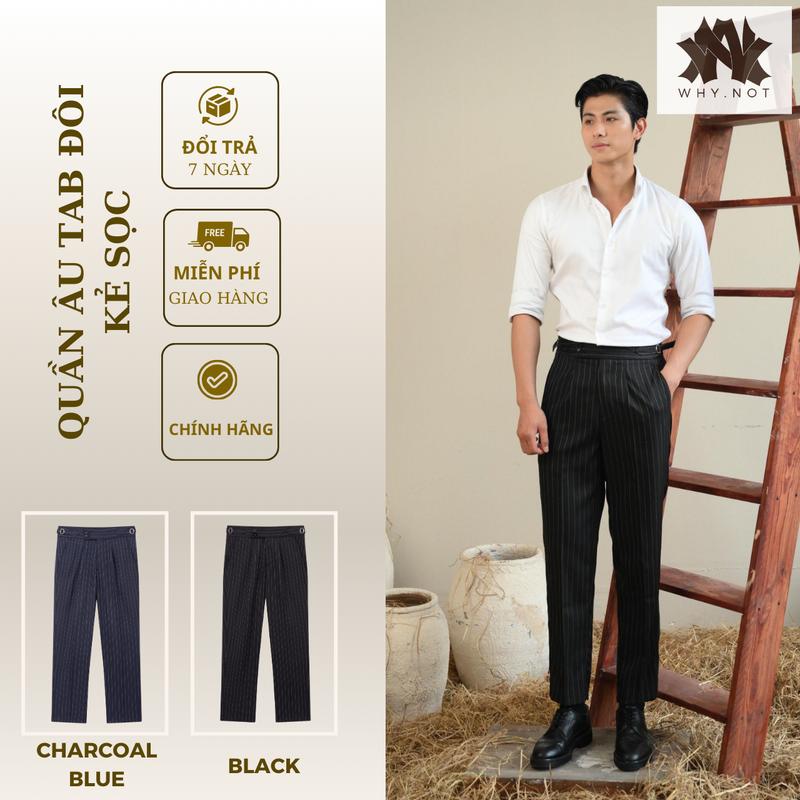 [WHY.NOT] Quần Âu Nam Kẻ Sọc Sidetab, Quần Tây Nam Sidetab Đen, Quần Âu Nam Baggy Màu Xanh, Khuy Kéo 2 Bên - 2 Màu Hottrend QABGST Nam Menswear Pants