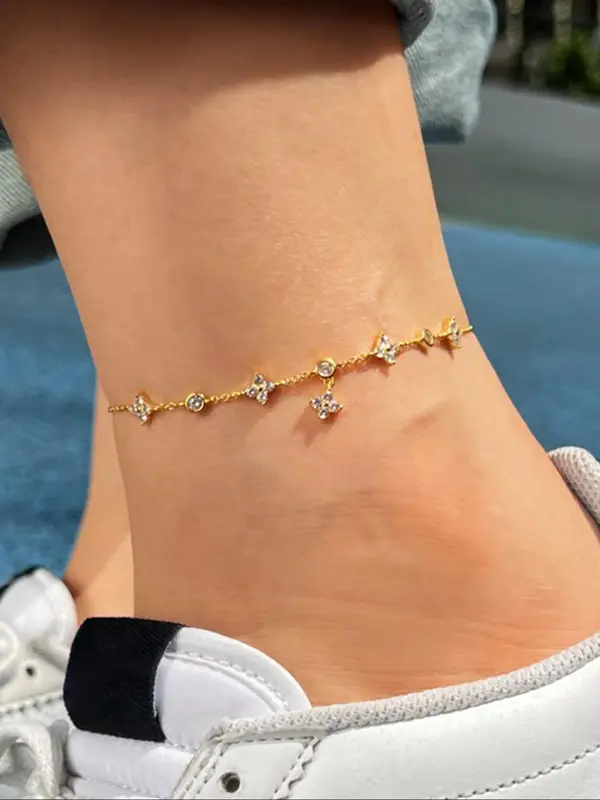 S925 Sterling Silver Anklet, Fashionable Rhinestone Decor Jewelry for Women & Girls, Trendy All-match & Exquisite Jewelry for Birthday Gift 2