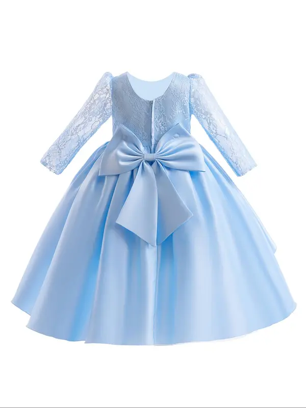 Girl's Contrast Lace Bow Decor Tiered Layer High Low Hem Satin Dress, Elegant Puff Sleeve Round Neck Midi Dress for Party Wedding Guest, Kids Clothes for All Seasons 5