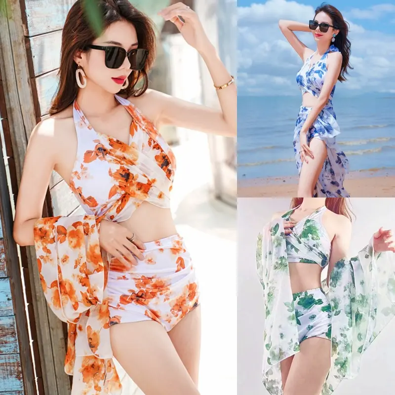 SB263 (S,M,L) รุ่นขายดี มี3สี ชุดว่ายน้ำบิกินี ทูพีซ เซ็ท3ชิ้น กางเกงทรงเอวสูง พร้อมผ้าคลุม มีฟองน้ำเสริม ชุดเที่ยวทะเล เสื้อผ้าผู้หญิง