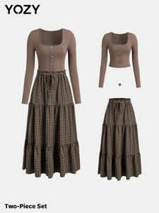 YOZY Women's Button Front Crop Ribbed Top & Gingham Print Paper Bag Waist Skirt Two-Piece Set, Casual Square Neck Long Sleeve Top & Ruffle Hem A Line Skirt for Spring & Fall, Women's Clothes for Daily Wear