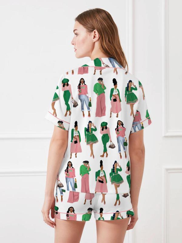 Women's All Over Print Short Sleeve Satin Pajama Two-piece Set, Elegant Casual Comfy Button Front Lapel Neck Top & Elastic Waist Shorts PJ Set, Ladies Sleepwear for Summer 4