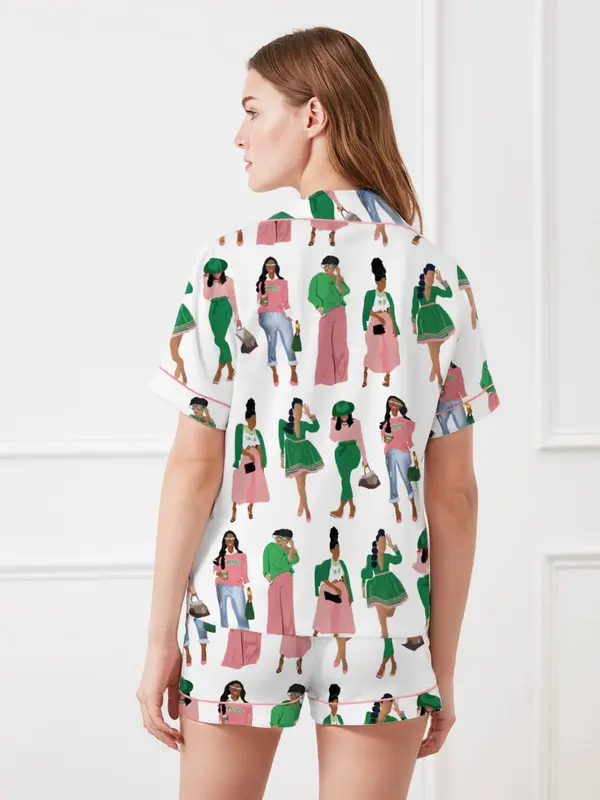 Women's All Over Print Short Sleeve Satin Pajama Two-piece Set, Elegant Casual Comfy Button Front Lapel Neck Top & Elastic Waist Shorts PJ Set, Ladies Sleepwear for Summer 4