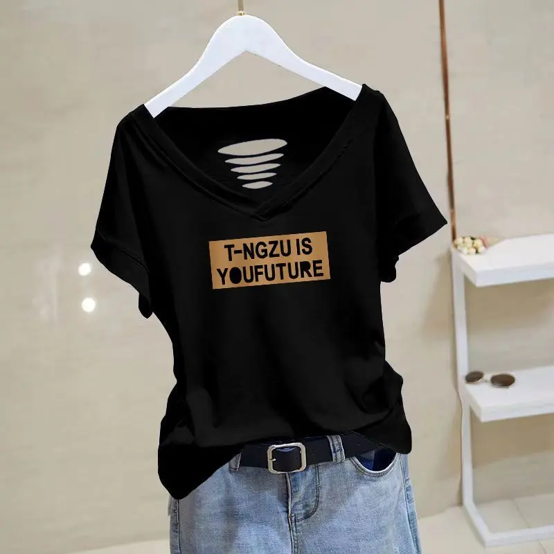 Áo Thun Ngắn Tay 100% Cotton, Hàng Mới Về, Dành Cho Nữ, Bộ Sưu Tập Mùa Hè 2024, Dễ Phối Đồ, Ngoại Cỡ, Cô Gái Đầy Đặn Dáng Ôm, Mỏng Vừa Vặn, Thiết Kế khoét Áo Cổ Chữ V