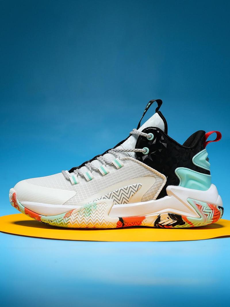 Product Introduction of Unisex Colorblock Lace Up High Top Basketball Shoes, Casual Comfortable Breathable Sports Shoes for Outdoor Wear, Sports Footwear for Men Women, 2024 New Trendy Sportswear for Summer 2