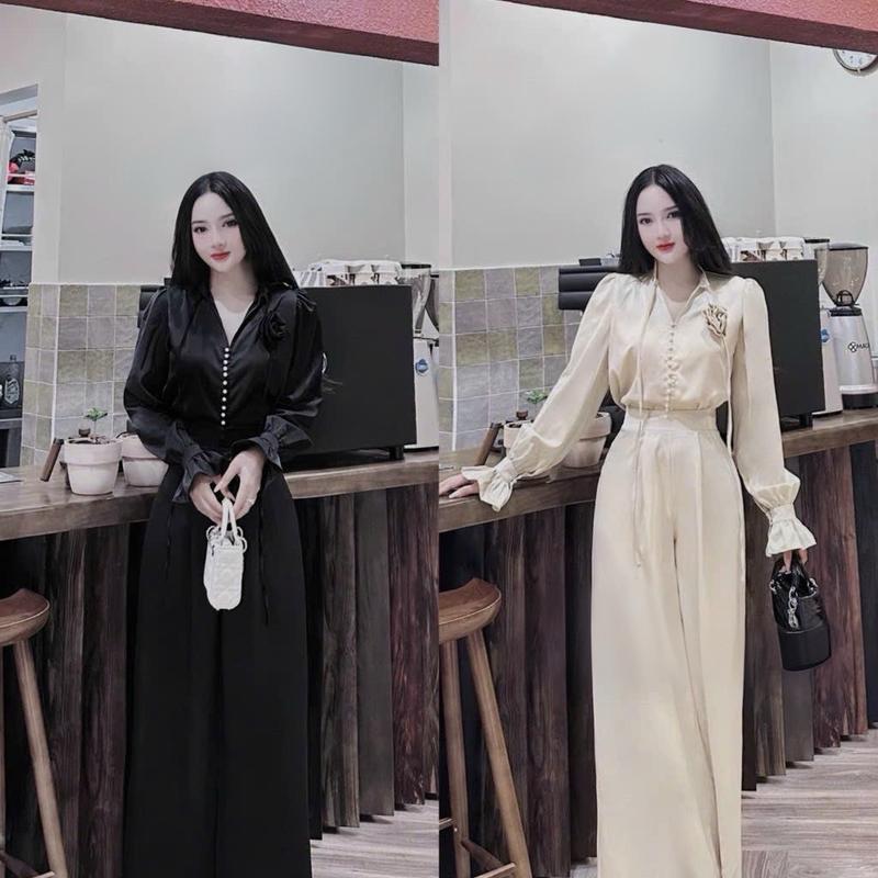 Sét bộ nữ sang chảnh áo sơ mi tay dài thiết kế nút ngọc đính kèm bông+quần lưng cao ống đứng chất tuyết nhung cao cấp Top Nữ Màu đen đi tiệc đi chơi Women Jacket Ong Kem