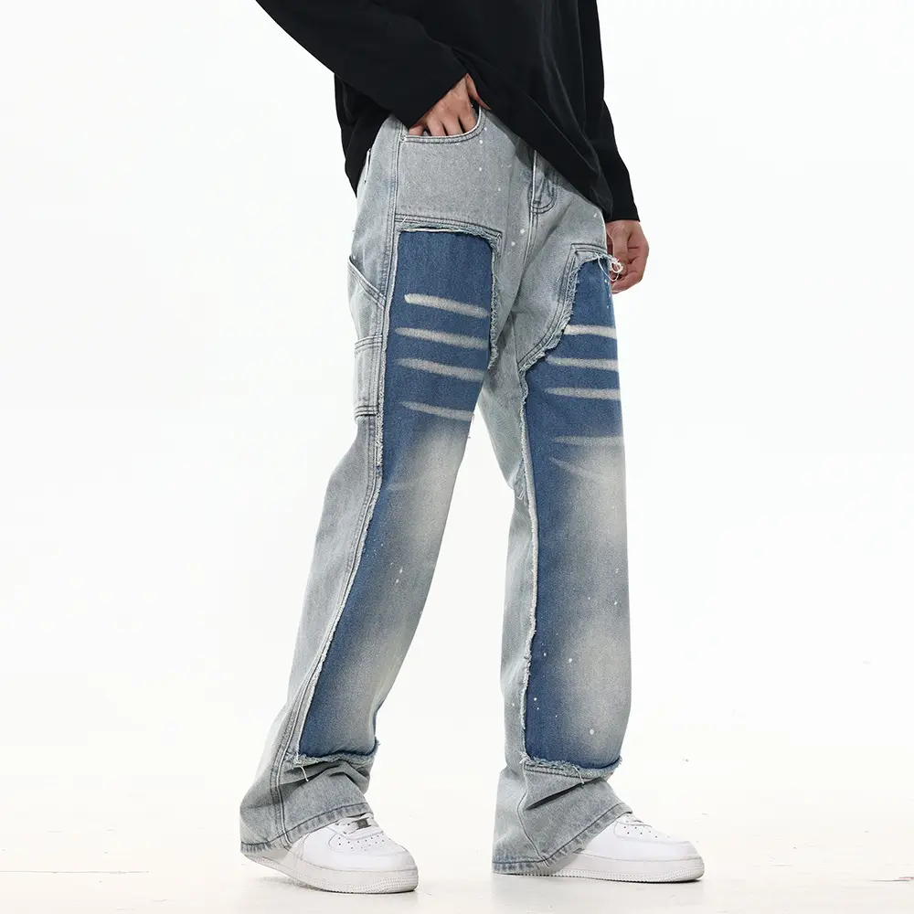 Men's Washed Denim Pants Straight Cut |   Color Block Punk Style Spray Splash Design |   Loose Fit Streetwear |   TikTok Viral Trend