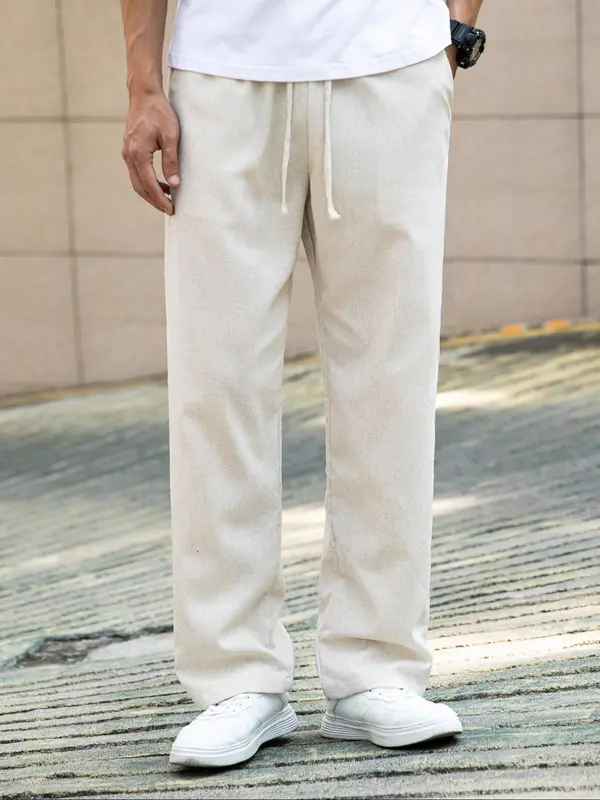 Men's Solid Linen Pants, Loose Casual Comfy Straight Leg Trousers for Spring & Fall, Men Bottoms for Daily Wear, Beige 0